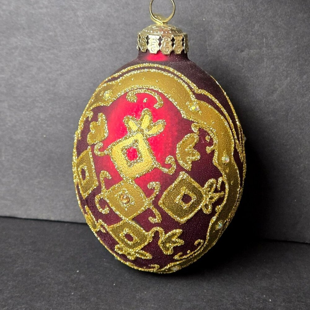 Frontgate Burgundy Gold Glass Christmas Ornament 5" Glitter Scroll Jeweled Egg